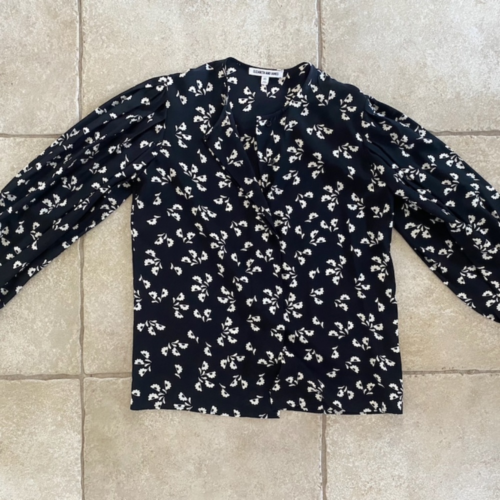 Elizabeth and James Silk Black and White Floral Print Top